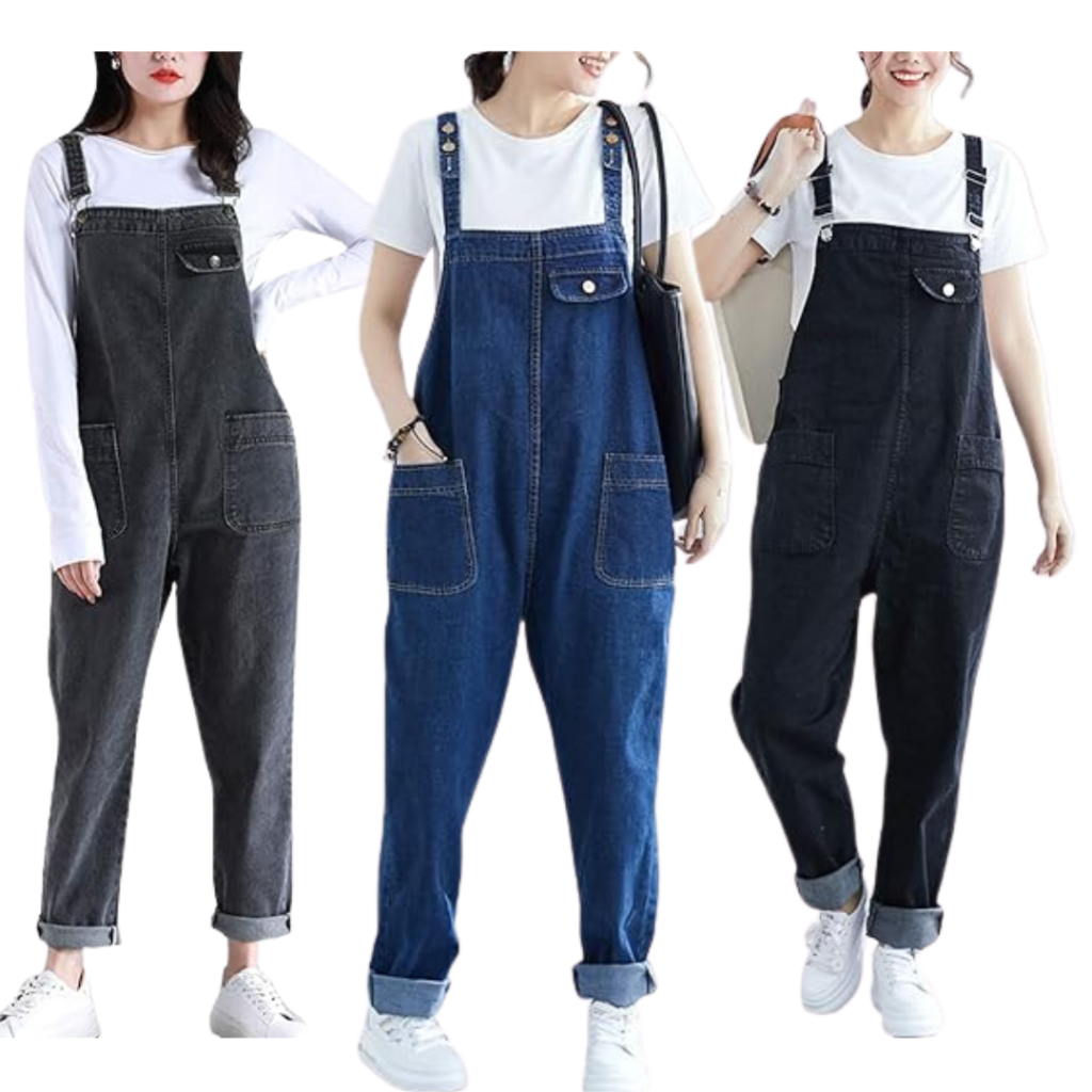 Baggy denim overalls for plus size women with a loose fit.