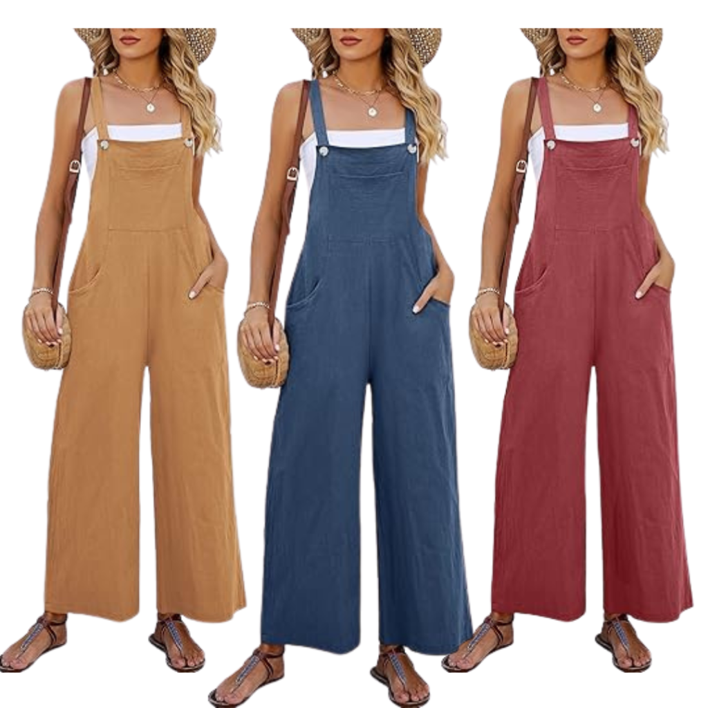 Plus size cotton bib overalls with a loose fit and adjustable straps.