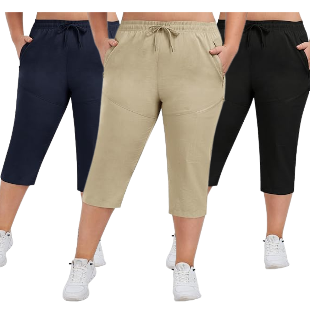 Plus size casual capri pants with functional pockets for summer wear.