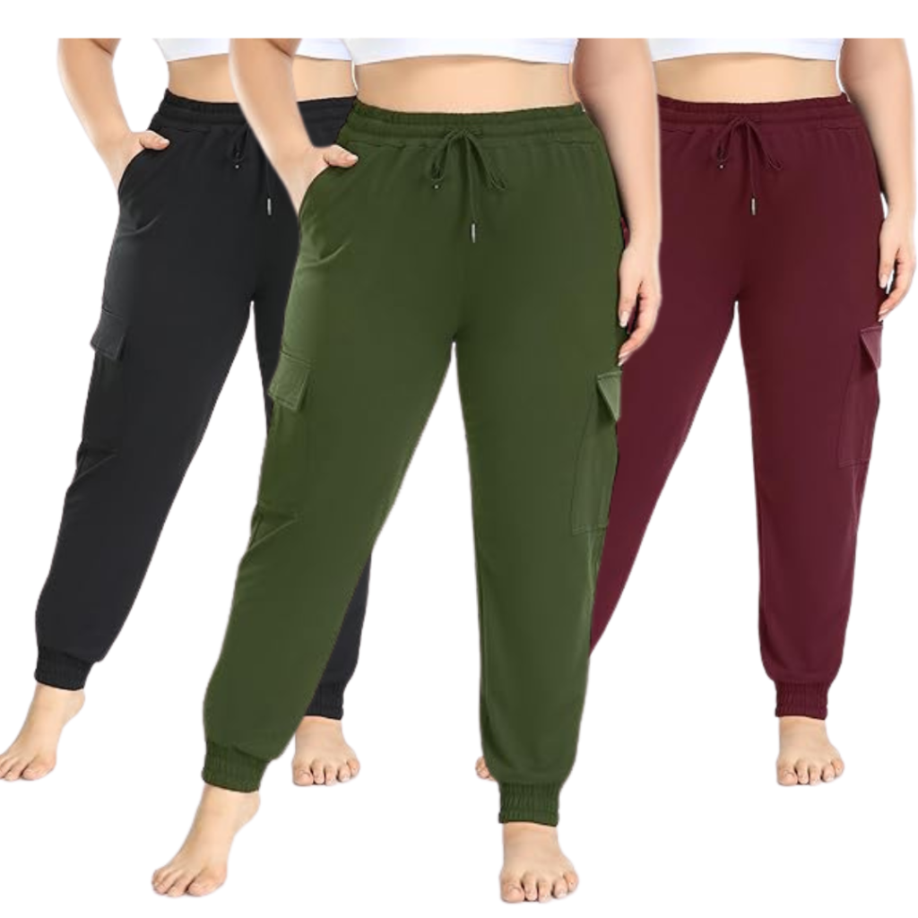 Plus size cargo sweatpants with adjustable waistband and pockets.