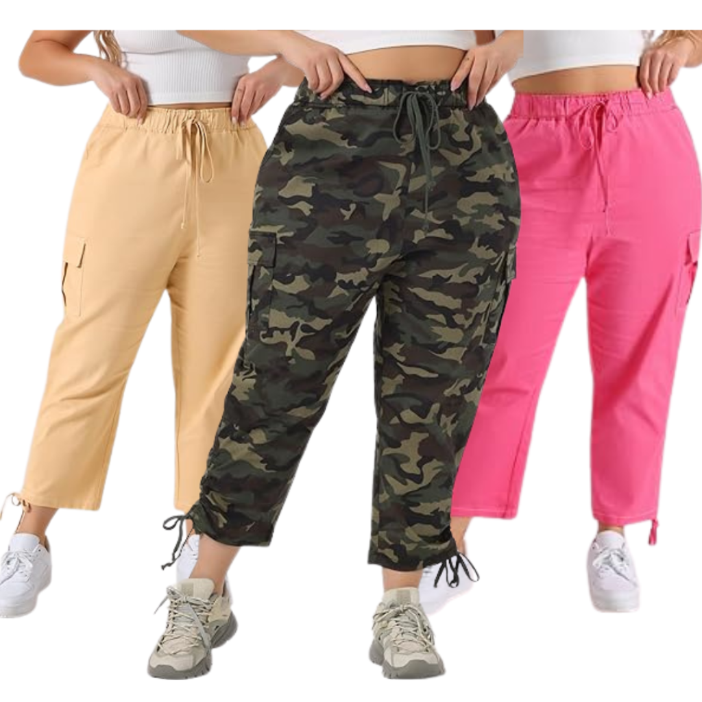 Plus size cargo pants with elastic waist and deep pockets.