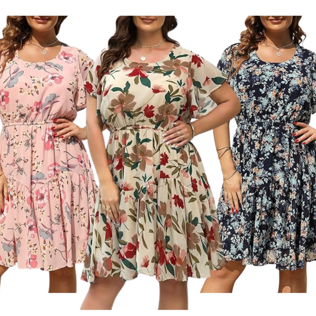 Boho floral midi dress for plus size women.