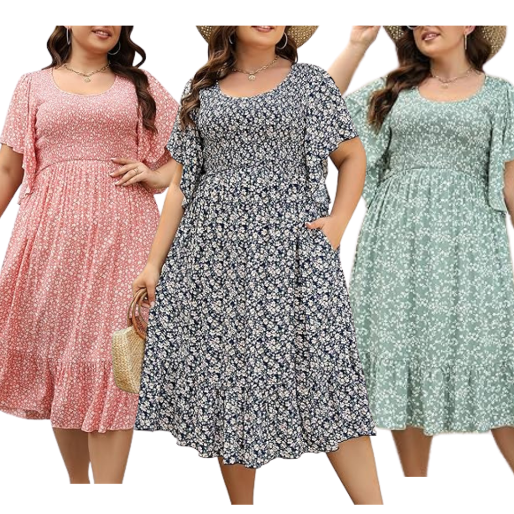 Boho floral midi dress with flutter sleeves for plus size women.