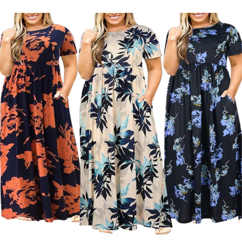 Casual floral maxi dress with pockets for plus size women.