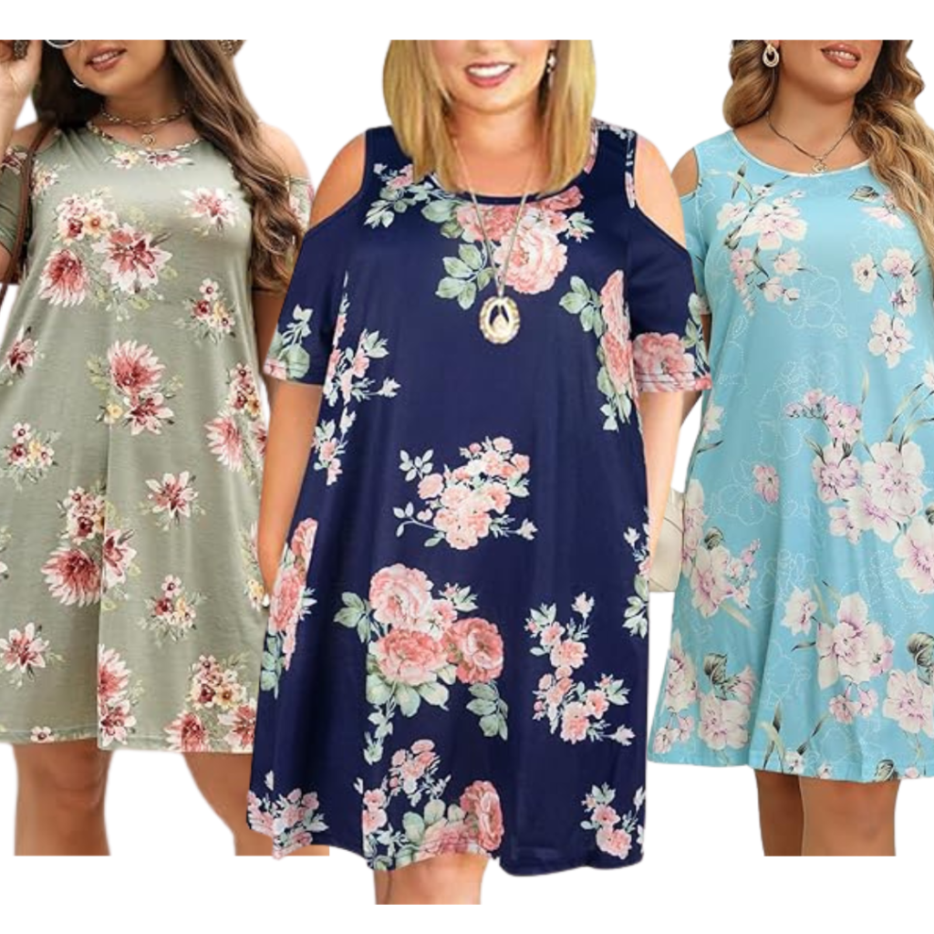 Cold shoulder floral swing dress for plus size women.