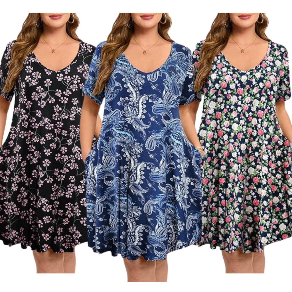 Plus size floral T-shirt dress with pockets.