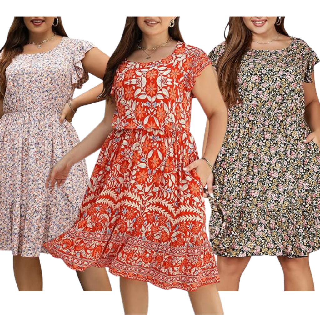 Floral tiered plus size midi dress for curvy women.