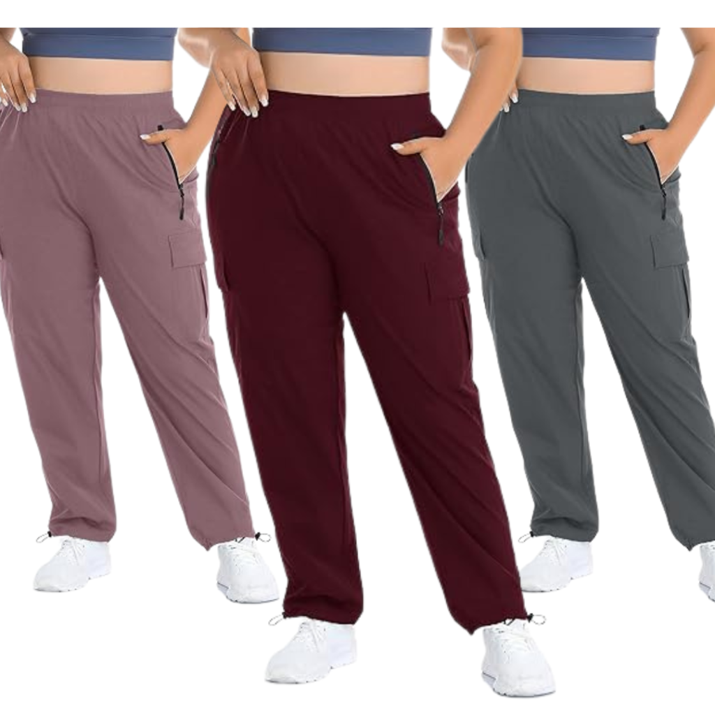 Plus size outdoor cargo pants with breathable and lightweight material.