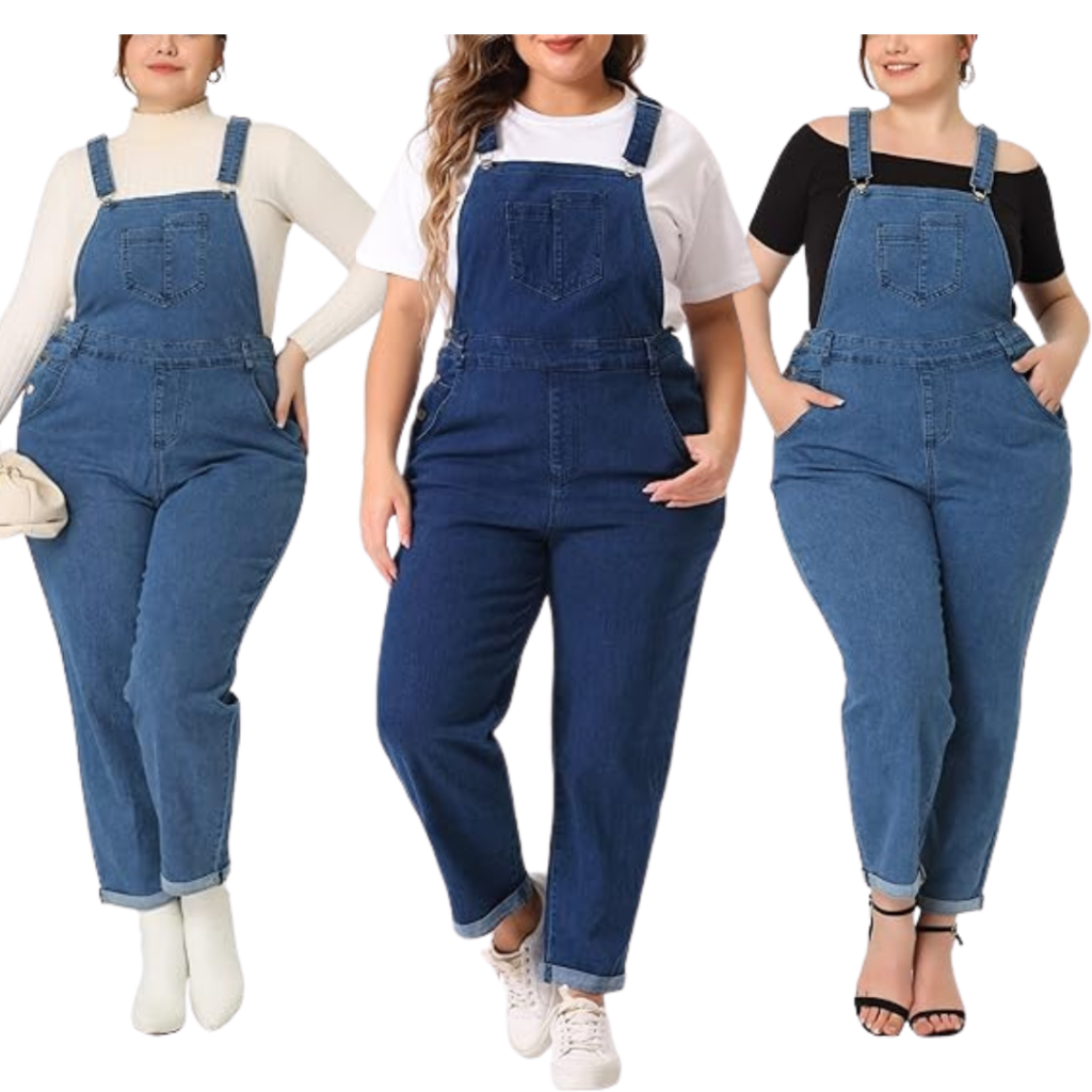 Stretch jeans overalls for plus size women with adjustable straps.