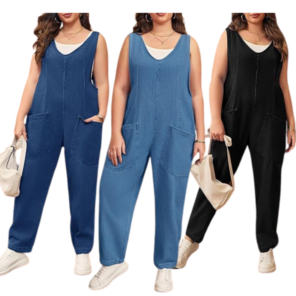 Plus size sleeveless jeans overalls with deep pockets and a V-neck design.