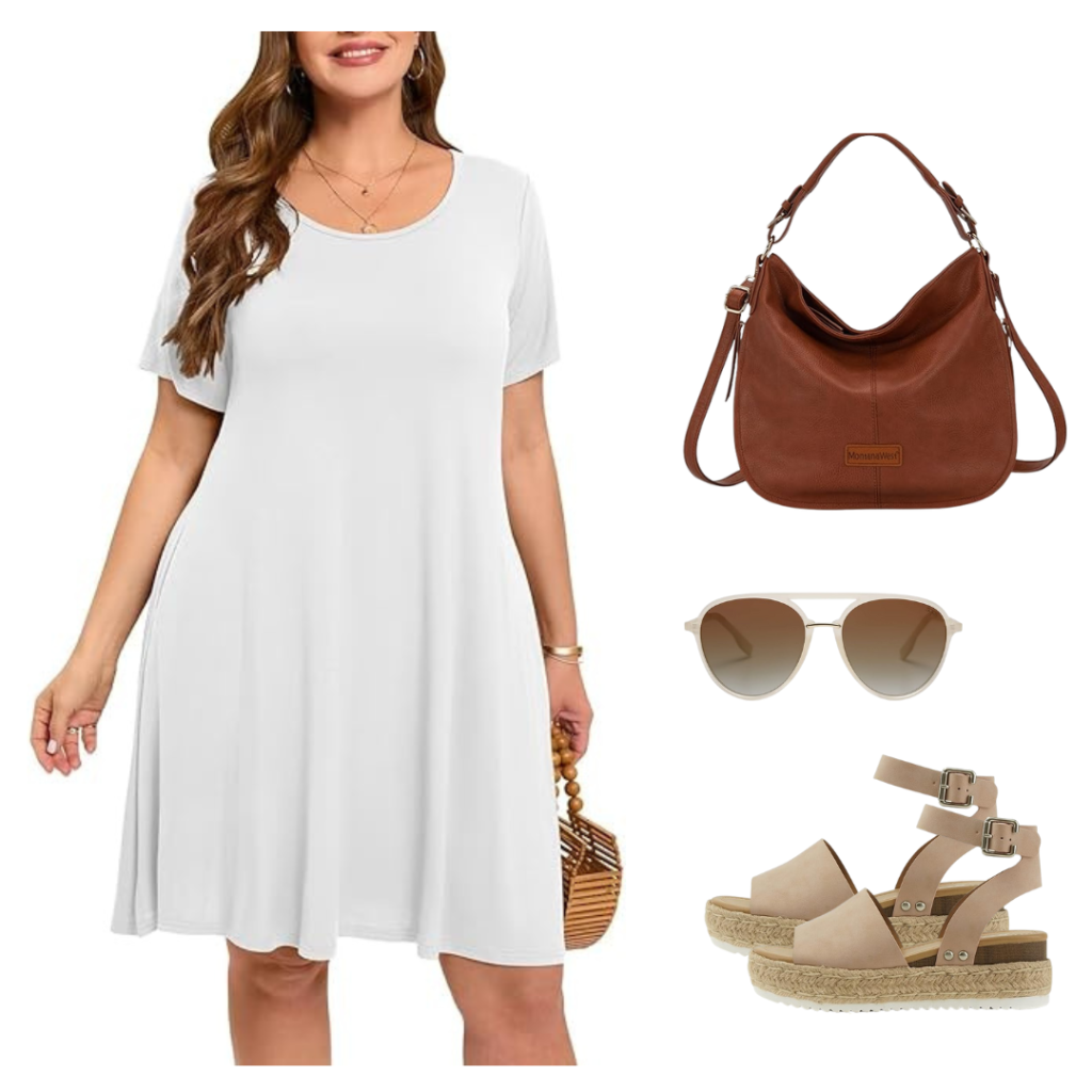 Casual white t-shirt dress with short sleeves for plus size women.