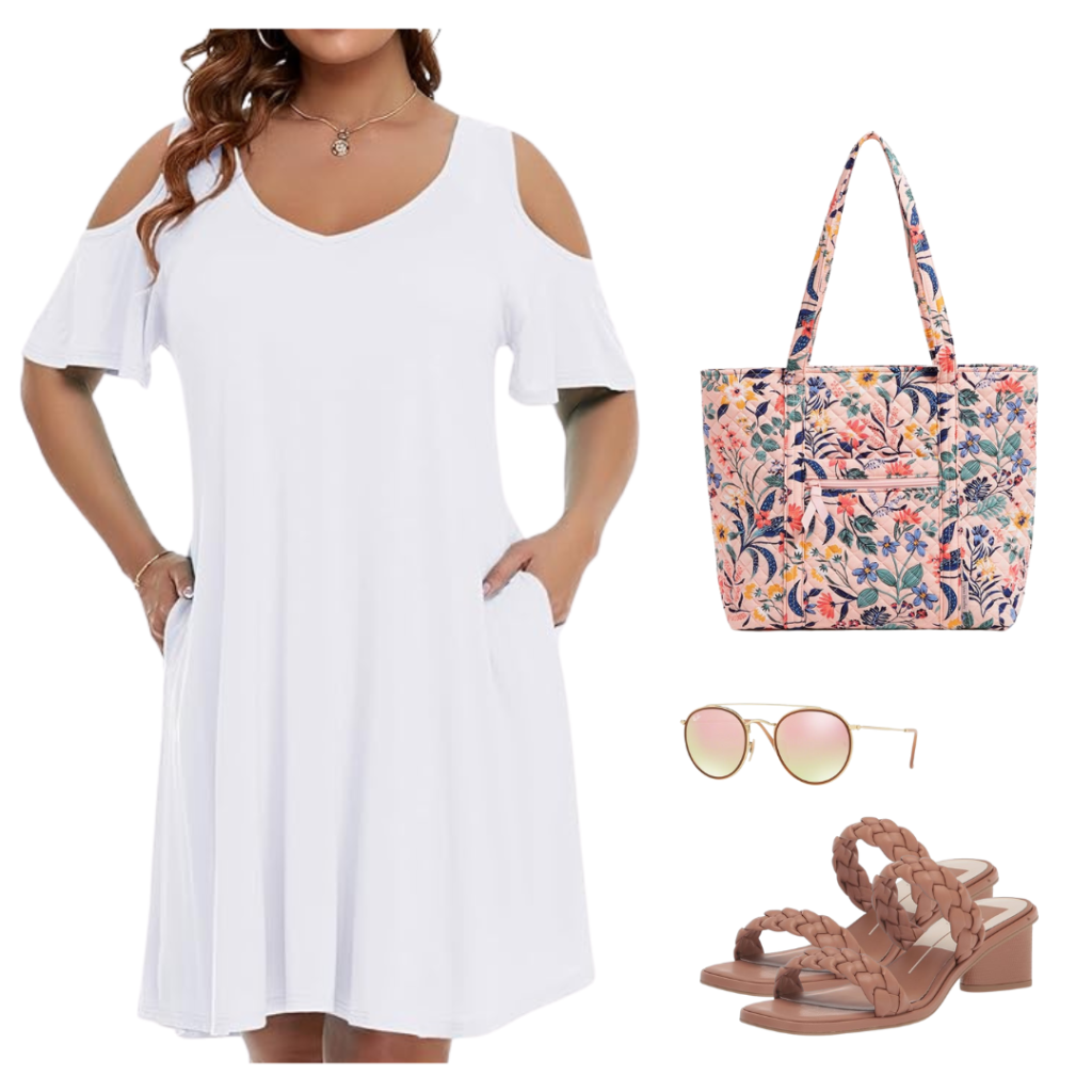 White cold shoulder swing dress for curvy women.