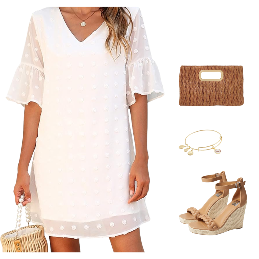 Flowy V-neck plus size white mini dress for curvy women.