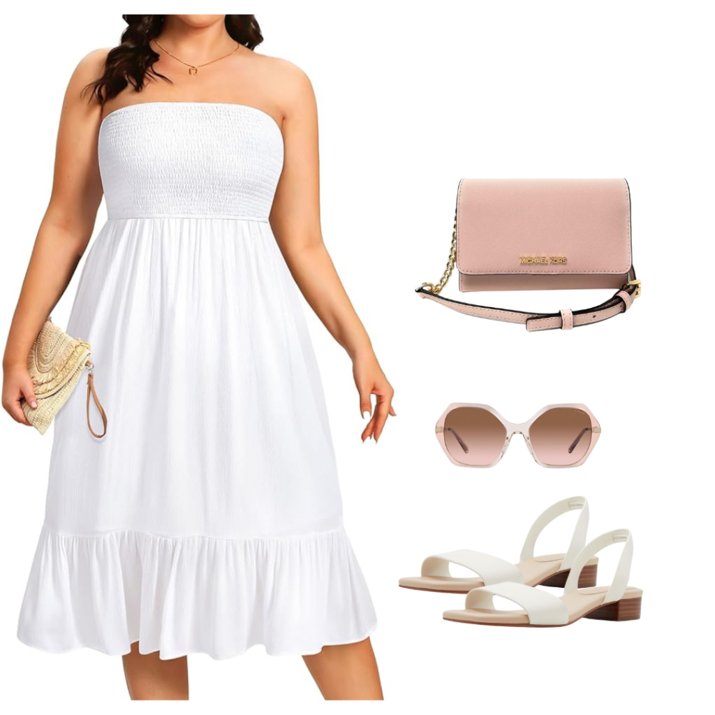 Strapless white beach midi dress for curvy women.